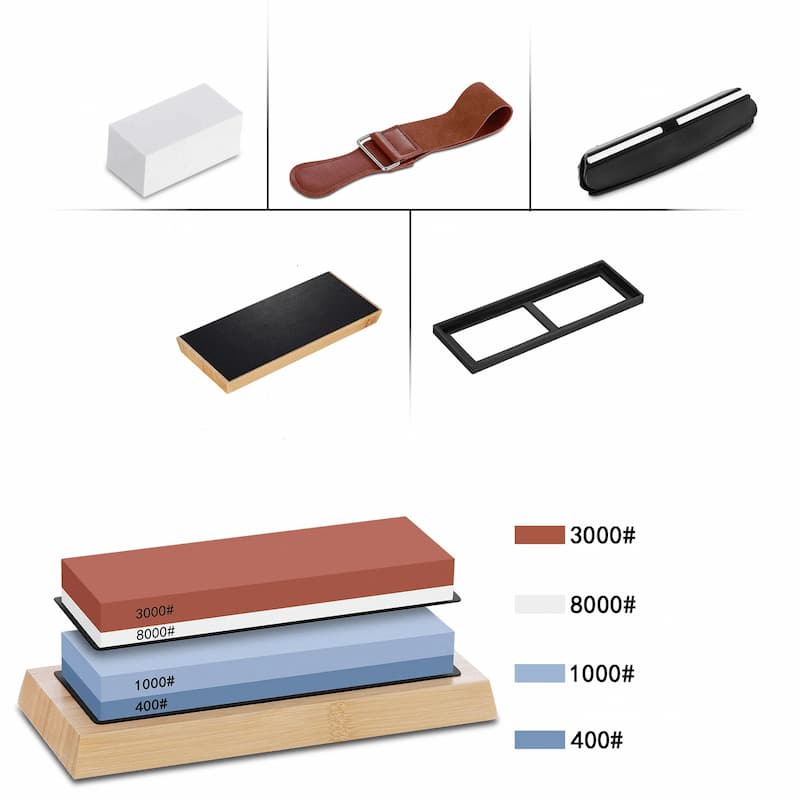 Accessoires du kit pierre à aiguiser japonaise avec sangle cuir, guide d’angle, base bambou, support silicone et pierre de correction.