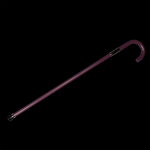 Vue complète d’une canne-épée cosplay “Soul King” en position diagonale, tube en acier laqué violet sur fond noir uniforme, poignée en crochet et bague métallique visible près de la jonction, éclairage studio mettant en valeur la brillance de la laque et le contraste du décor sombre.