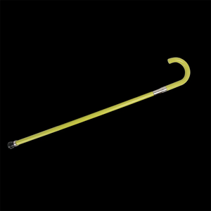 Canne-épée cosplay jaune inspirée de Kisuke Urahara (Bleach), photographiée en vue entière sur fond noir, avec crochet courbé laqué, jonction métallique argentée et embout noir visible.