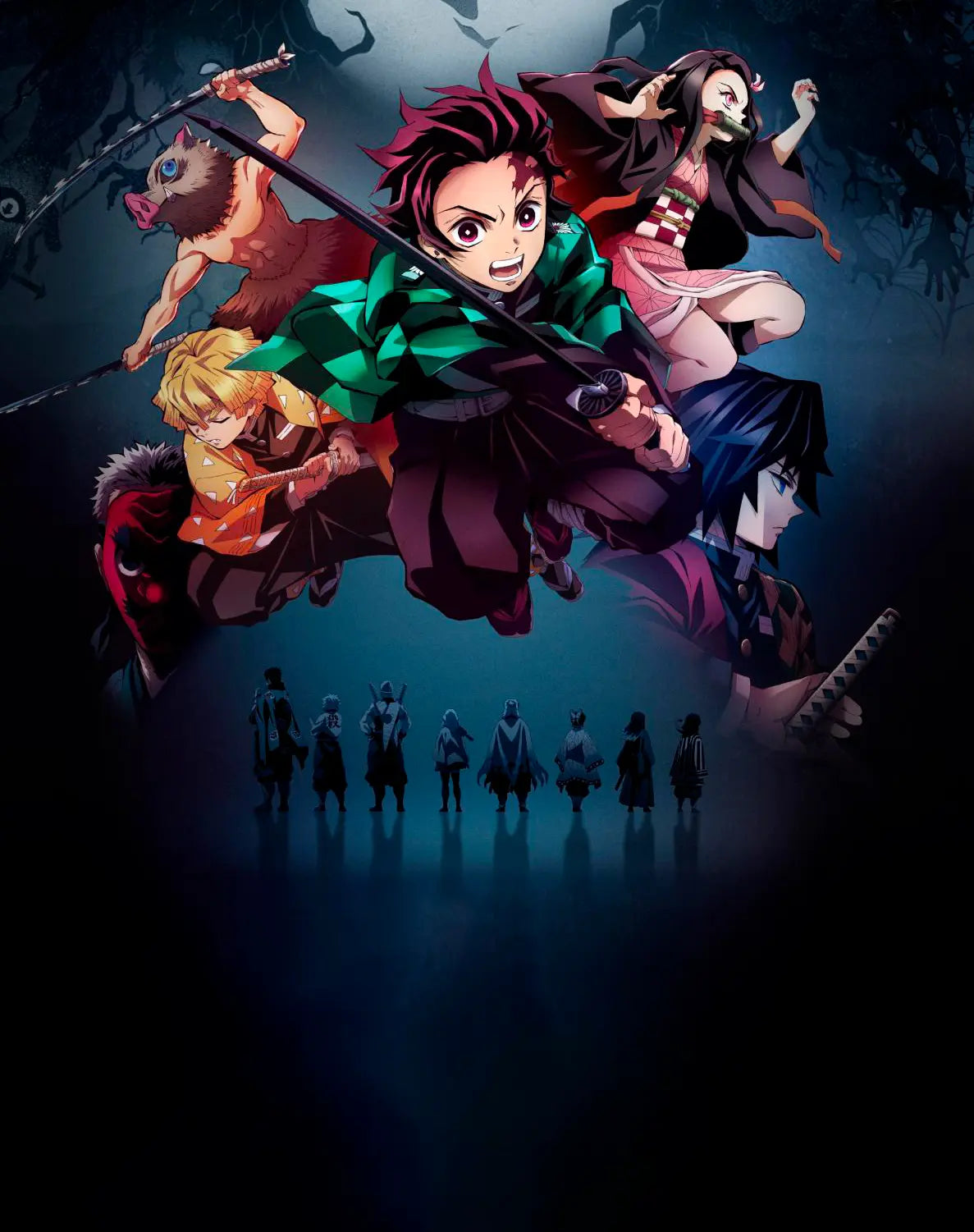 Bannière verticale de la collection de katanas Demon Slayer sur la boutique Blade Bushido-Illustration Demon Slayer verticale avec Tanjiro au premier plan prêt à dégainer son katana, personnages secondaires en arrière-plan sur fond sombre