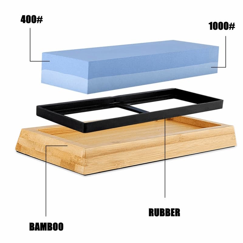 Structure d’une pierre à aiguiser japonaise avec base en bambou, support silicone et pierre double face grain 400/1000.