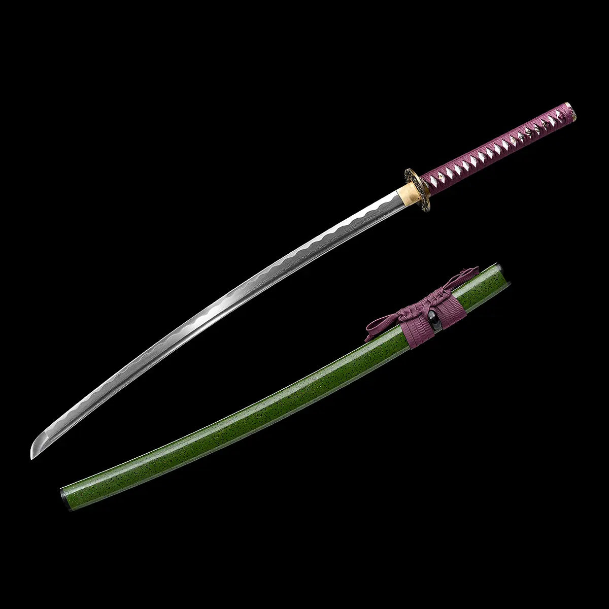Handcrafted Japanese katana Dokuryu displayed on a black background in a separated composition, blade drawn from the scabbard showing folded steel with a visible wavy hamon, curved tip and exposed cutting edge, green lacquered wooden saya with speckled jungle-like texture placed below, purple tsuka wrapped in traditional cord with white ray skin panels visible, round metal tsuba engraved with a Japanese dragon, minimalist studio setting with no stand.

