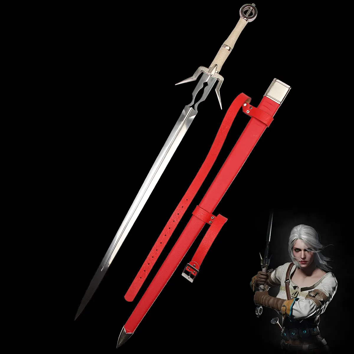 Épée longue de Ciri Zireael présentée verticalement sur fond noir profond, lame en acier poli visible hors du fourreau, garde en croix anguleuse et pommeau circulaire bien distincts, poignée claire cordée. Fourreau en cuir rouge avec sangle et ceinture assorties positionné à côté de la lame, visuel inspiré cosplay et collection, adapté à la HEMA AMHE légère.
