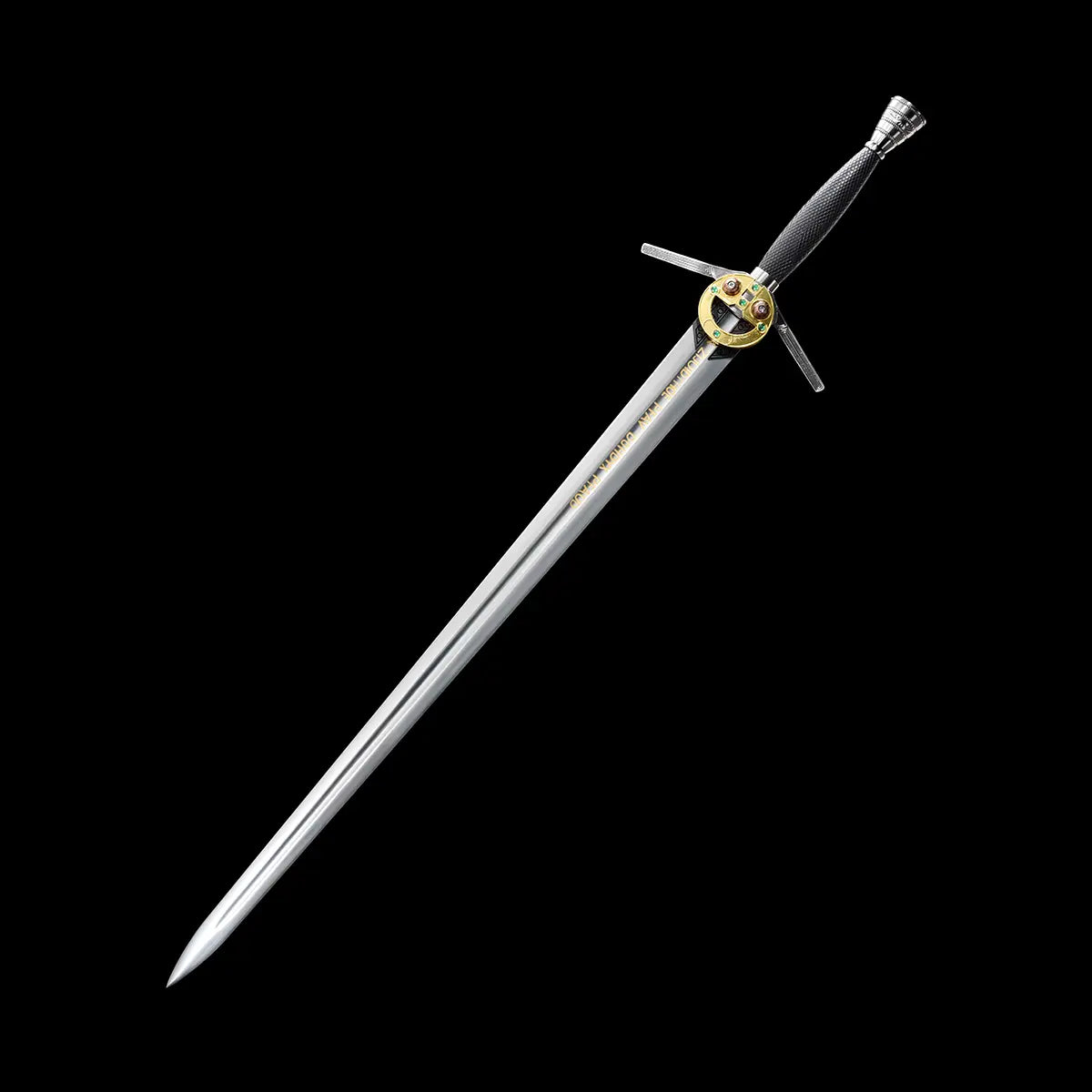Épée longue du Sorceleur de Geralt de Riv présentée sans fourreau, lame en acier poli apparente sur fond noir uni. Épée médiévale main-et-demi inspirée de The Witcher Saison 1 Netflix, garde en croix métallique, poignée sombre texturée et pommeau décoré. Réplique fidèle pour cosplay, collection ou pratique HEMA / AMHE légère, esthétique sobre et tranchante Blade Bushido™.