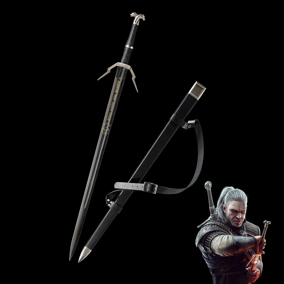Geralt long sword replica displayed on a deep black background, blade unsheathed next to its black scabbard with leather belt strap attached. The sword features a straight double-edged steel blade with a central fuller and gold engraved inscription near the spine. The crossguard is angular and silver with extended quillons, the grip is wrapped in black textured leather, and the pommel is silver with a wolf head detail. The scabbard is matte black with a metal chape and locket in silver tone.  
