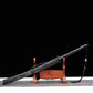 Sabre chinois Dao KANGXI LONG présenté dans son fourreau noir texturé sur un support en bois, avec poignée sombre, garde ronde, ornements gravés, pompon noir et perles vertes sur fond noir.