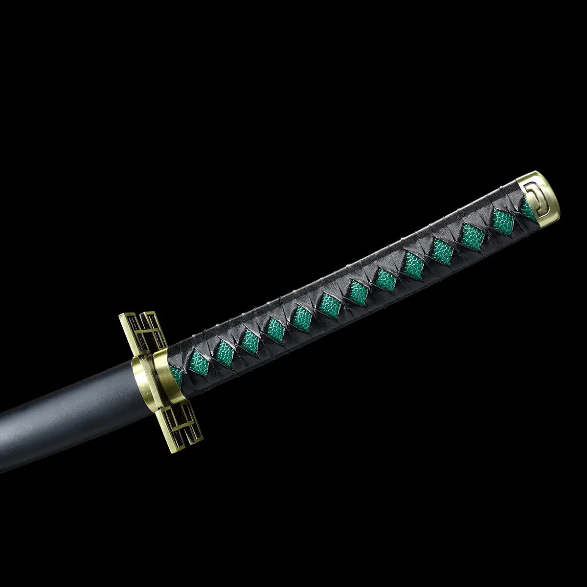 Katana complet accompagné d’une illustration de Tokitou Muichirou, ambiance fidèle à l’univers Demon Slayer.