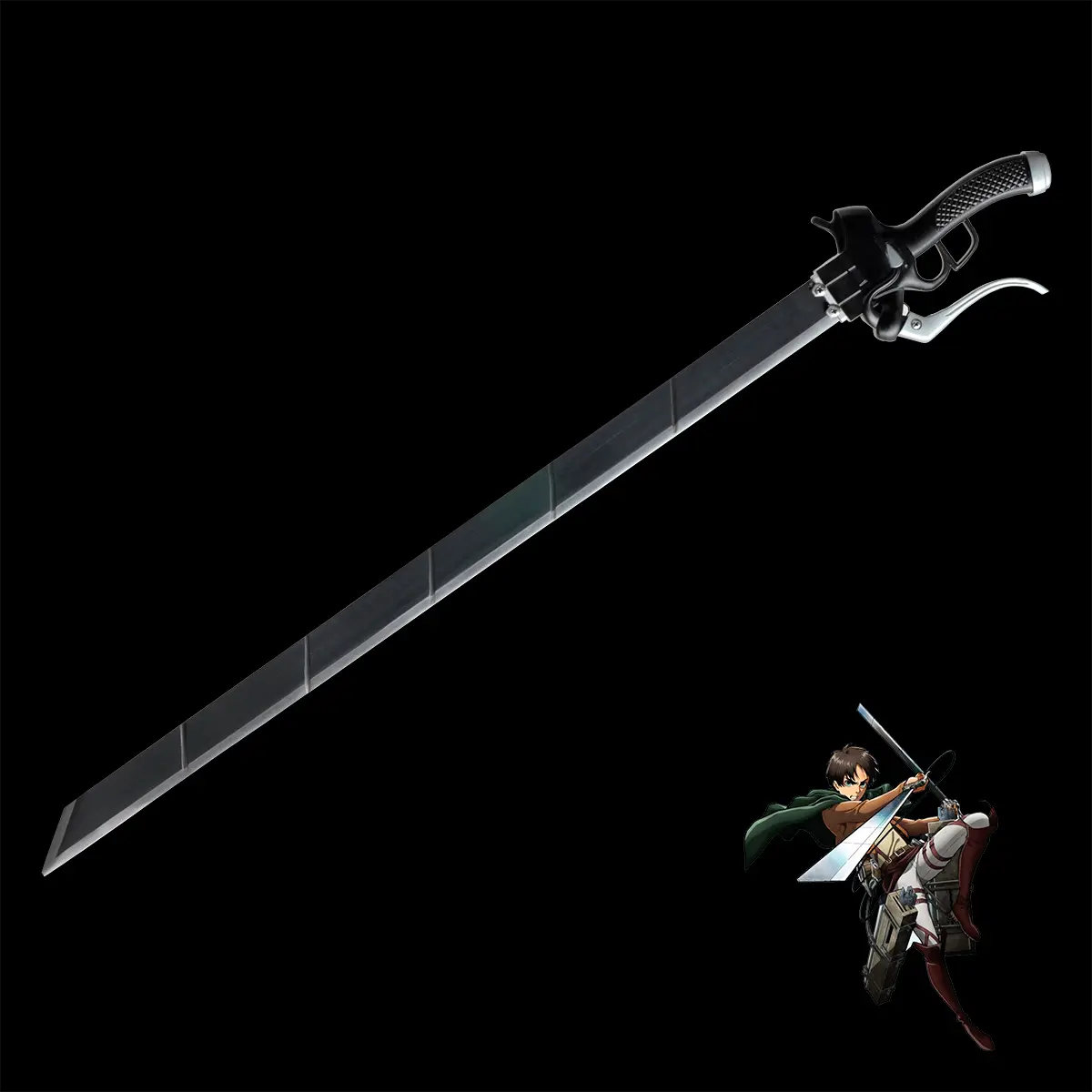Réplique du katana d’Eren Jager Attack on Titan, lame noire mate segmentée avec garde métallique, fond noir épuré et personnage d’anime en action.