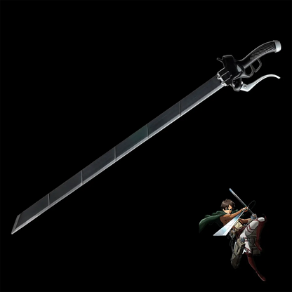 Réplique du katana d’Eren Jager Attack on Titan, lame noire mate segmentée avec garde métallique, fond noir épuré et personnage d’anime en action.