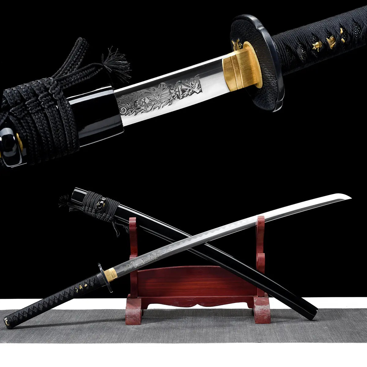 Close-up detail of a Japanese katana handle against a deep black background, black textured tsuba guard with a golden relief figure, visible brass habaki edge, black tsuka wrapped in black cord over ray skin, small gold menuki ornaments embedded under the wrap, engraved steel blade slightly visible in the background, focus on traditional mount details and metal textures.
