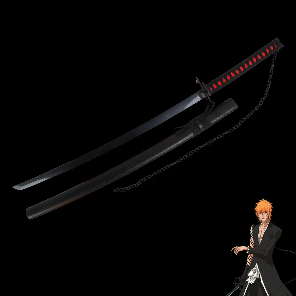 Katana Ichigo Kurosaki Tensa Zangetsu de Bleach, lame noire posée dans son fourreau avec chaîne, manche noir et rouge, mis en valeur sur fond noir avec illustration du personnage Ichigo en tenue shinigami.