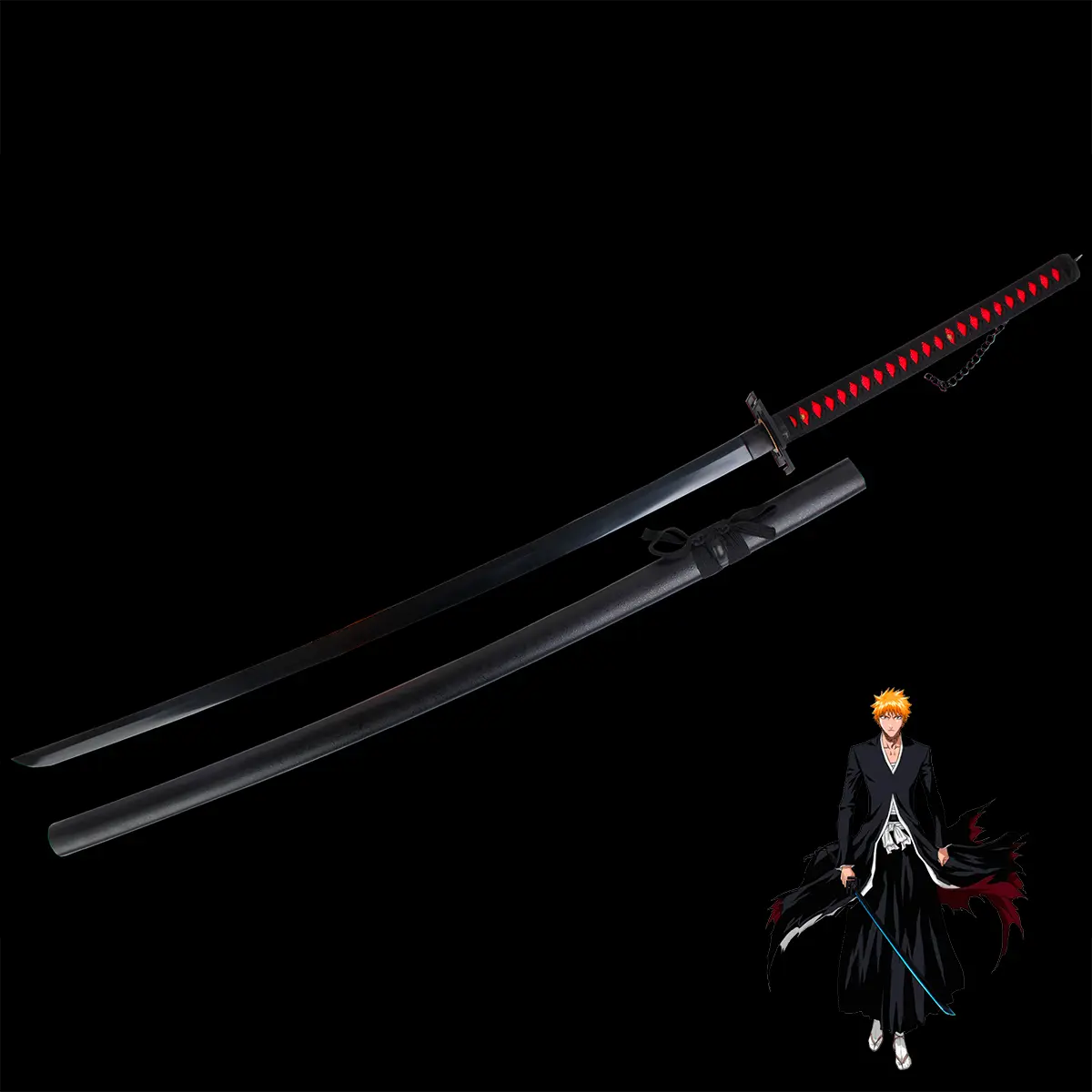 Katana Ichigo Kurosaki Tensa Zangetsu version classique, réplique Bankai de Bleach en acier carbone 1045 noir, présenté sur fond noir avec fourreau noir mat et poignée noire tressée à losanges rouges, accompagné d’une illustration du personnage Ichigo Kurosaki en tenue de Shinigami.