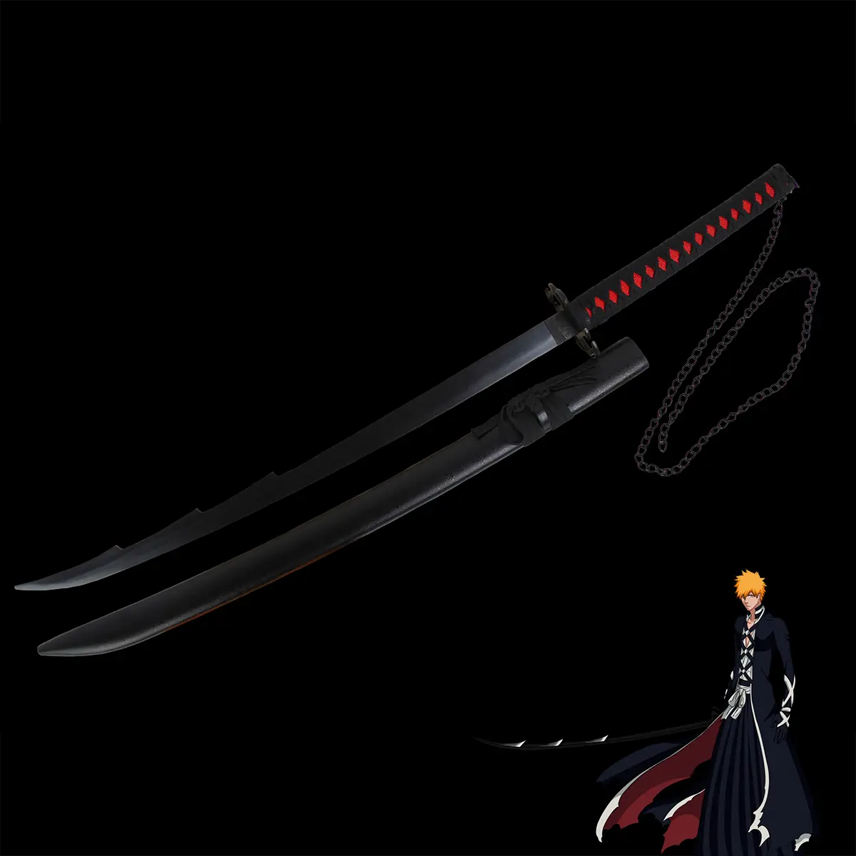 Réplique du katana Ichigo Kurosaki Tensa Zangetsu version stylisée de Bleach, lame noire avec fourreau noir mat et poignée noire tressée rouge, décor fond noir avec silhouette d’Ichigo en tenue Bankai.