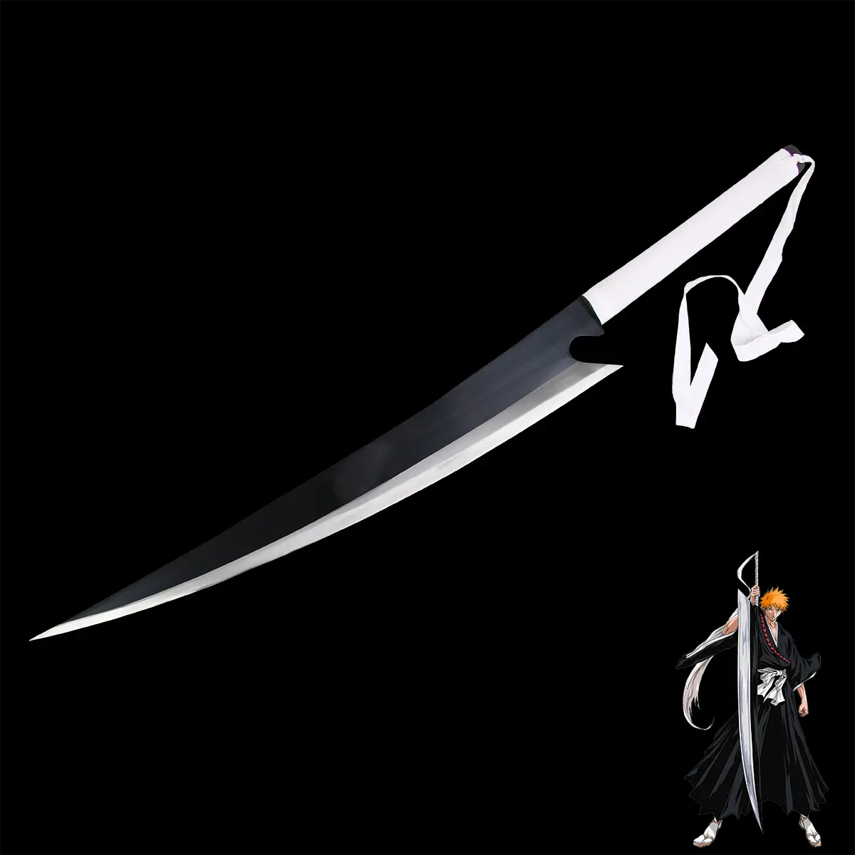 Réplique du katana Ichigo Zangetsu Shikai de Bleach avec lame noire et tranchant argenté, poignée blanche entourée de bande de tissu, présentée sur fond noir contrasté avec silhouette d’Ichigo Kurosaki, idéale pour cosplay, décoration ou collection.