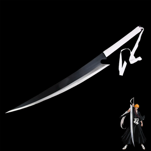 Réplique du katana Ichigo Zangetsu Shikai de Bleach avec lame noire et tranchant argenté, poignée blanche entourée de bande de tissu, présentée sur fond noir contrasté avec silhouette d’Ichigo Kurosaki, idéale pour cosplay, décoration ou collection.