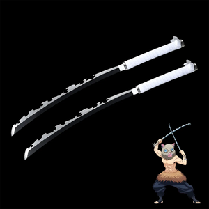 Variante double du katana Inosuke Kashibira, set de deux sabres dentelés fidèles au style d’Inosuke dans Demon Slayer.