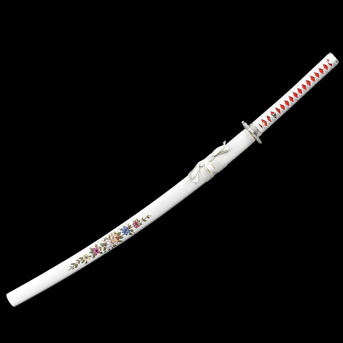 Full view of a Japanese artisanal katana Hana no Yuki on a solid black background, featuring a white lacquered saya decorated with multicolored floral patterns, a white tsuka wrapped in white ray skin with red ito diamonds, silver floral tsuba, and the sword fully sheathed without any display stand visible  
