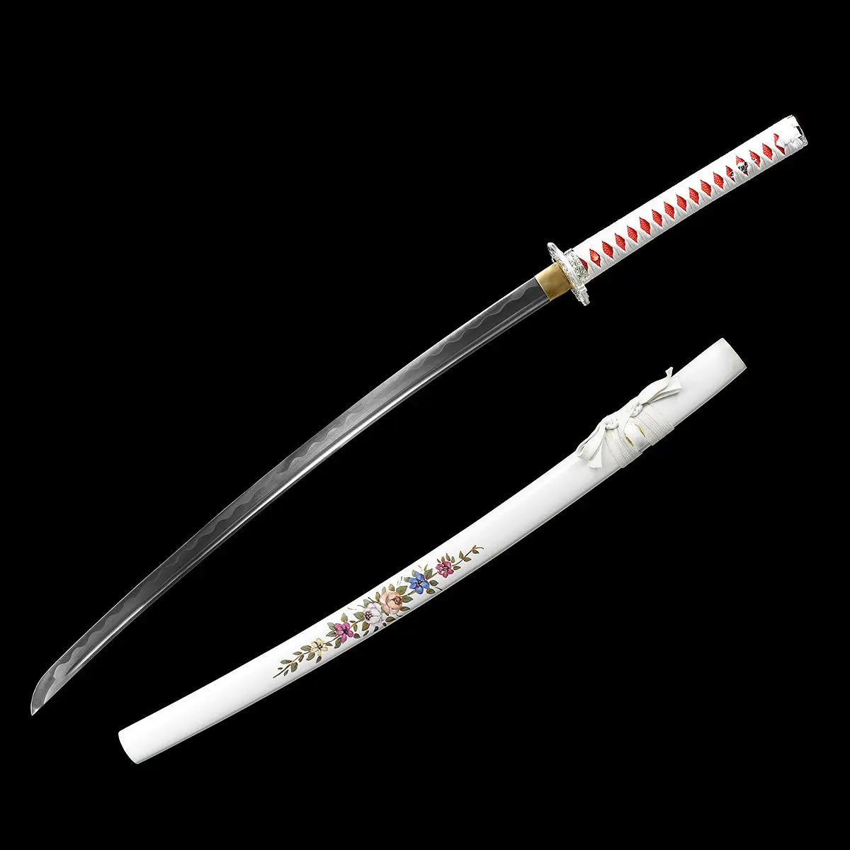 Japanese artisanal katana Hana no Yuki shown with blade and saya separated on a solid black background, featuring a polished steel blade with visible bo-hi and curved tip, a white tsuka wrapped in white ray skin with red ito diamonds and silver floral tsuba, alongside a white lacquered saya decorated with detailed multicolored floral patterns and white sageo cord
