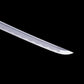 Gros plan sur la pointe kissaki du katana japonais artisanal Shinshi no Ken sur fond noir profond, lame en acier poli avec hamon ondulé clairement visible le long du tranchant, géométrie de lame nette et finition brillante sans fourreau ni poignée visibles.
