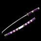 Katana Nidai Kitetsu japonais One Piece, lame en acier carbone 1045 avec finition soignée et fourreau violet-rose.