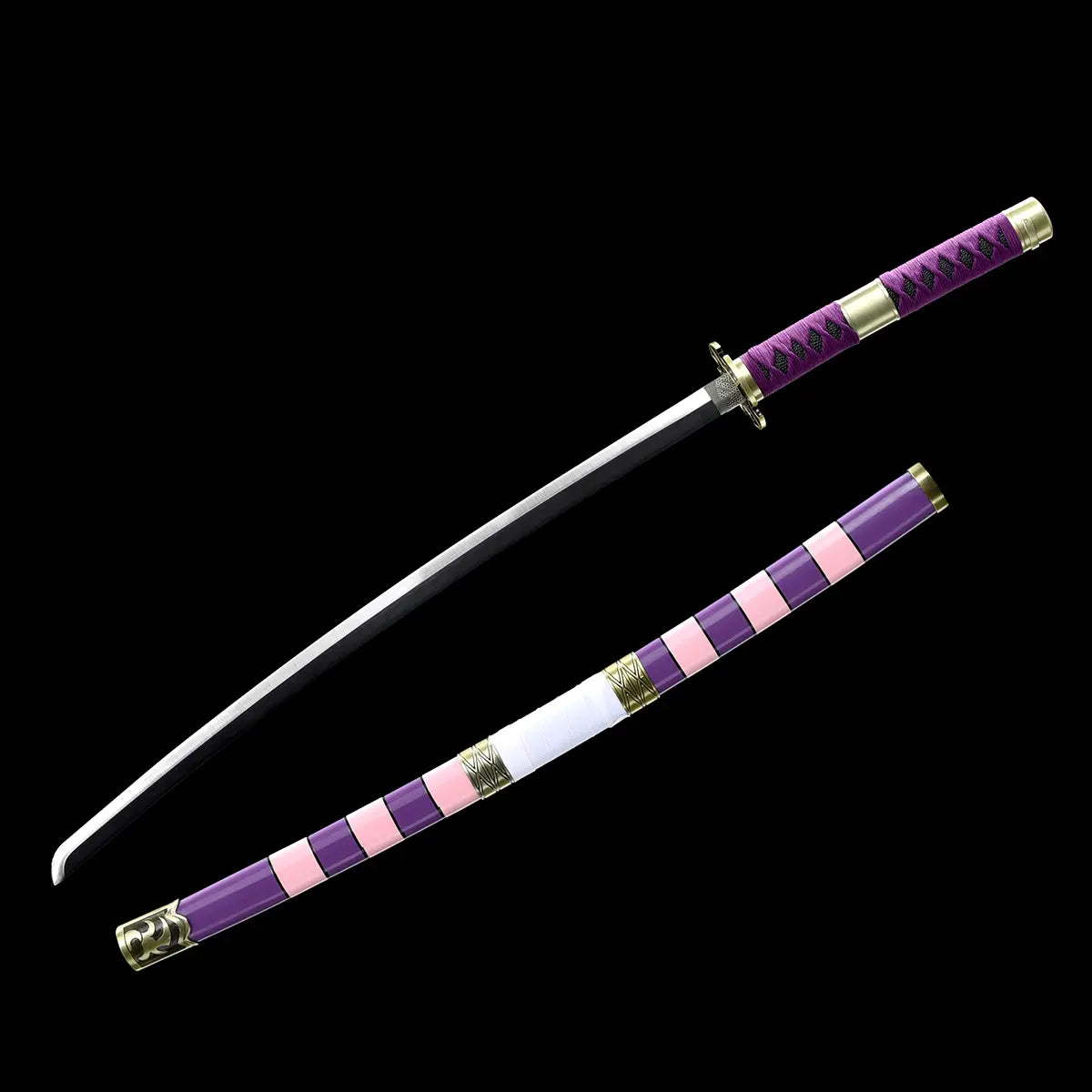 Katana Nidai Kitetsu japonais One Piece, lame en acier carbone 1045 avec finition soignée et fourreau violet-rose.