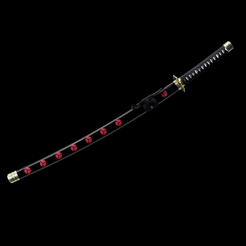 Vue complète du katana japonais Shusui avec fourreau noir orné de symboles rouges et lame forgée main.