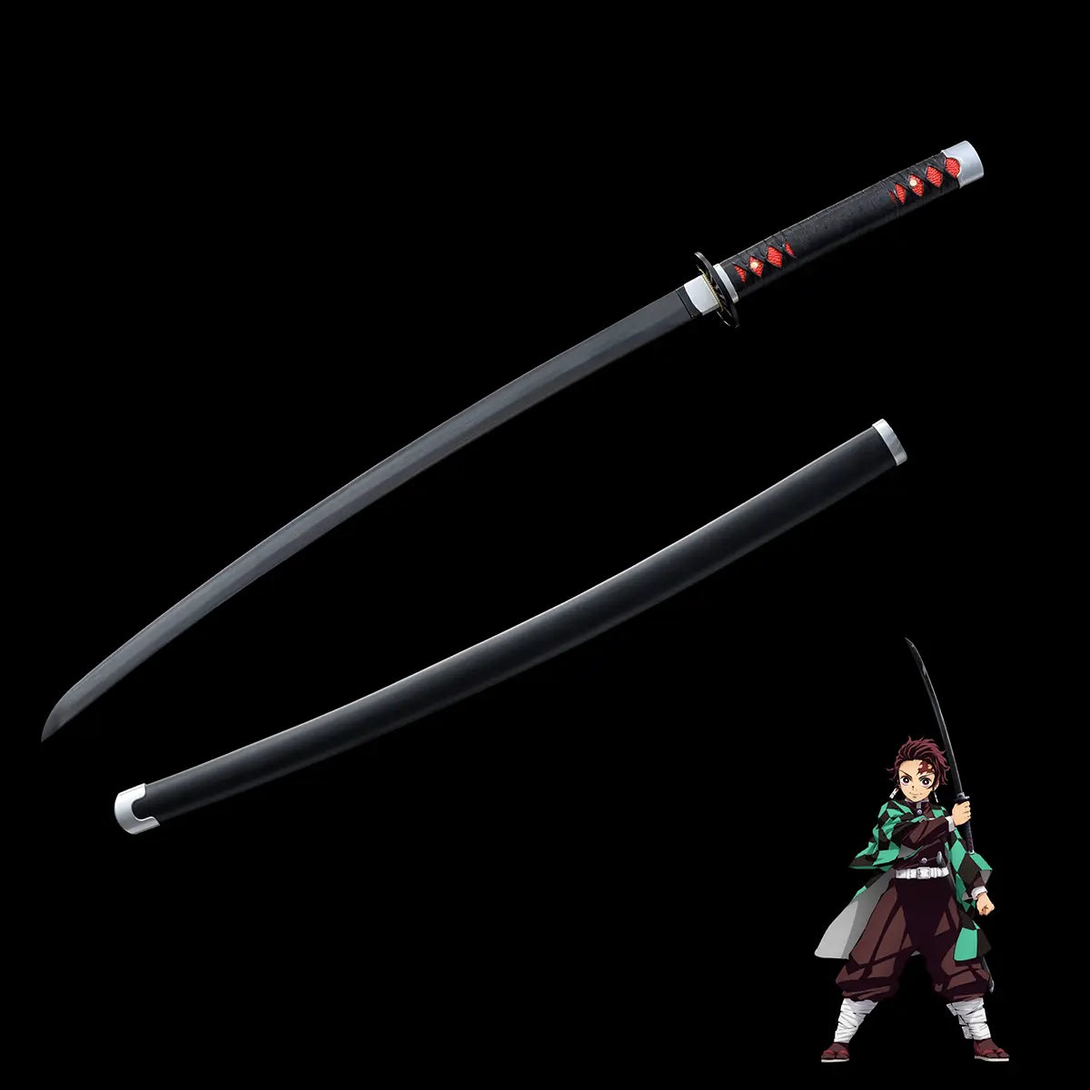 Réplique fidèle du katana Nichirin Noir de Tanjirou, lame noire tranchante en acier carbone, sabre Demon Slayer de collection.