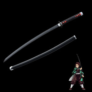 Réplique fidèle du katana Nichirin Noir de Tanjirou, lame noire tranchante en acier carbone, sabre Demon Slayer de collection.