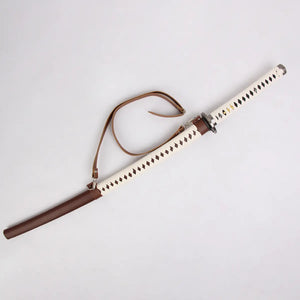 Katana de Michonne “Zombie Slayer” issu de The Walking Dead, lame acier carbone 1045, posé dans son fourreau marron et poignée blanche tressée.
