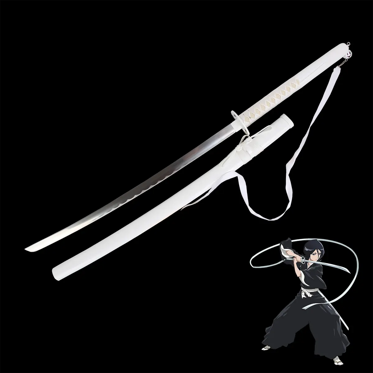 Photo du katana Kuchiki Rukia “Sode no Shirayuki” de Bleach, réplique zanpakutō Bankai en acier carbone avec lame brillante et fourreau blanc, présenté sur fond noir avec illustration du personnage Rukia en action.