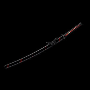 Katana japonais Ryū Honō présenté en studio sur fond noir, lame rangée dans un fourreau noir laqué orné de lignes rouges, poignée noire avec tressage rouge et garde tsuba gravée d’un dragon. Photo professionnelle Blade Bushido mettant en valeur la finition rouge-feu et l’esthétique artisanale du sabre.