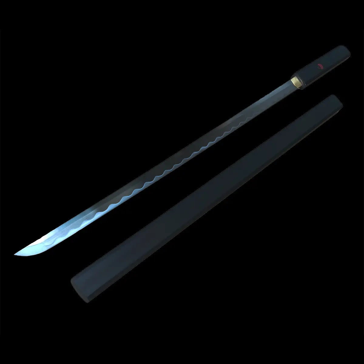 Katana chokutô Kusanagi de Sasuke Uchiwa dans Naruto, lame longue en acier carbone 1045 polie avec hamon ondulé, fourreau noir assorti, réplique aiguisée haut de gamme idéale pour cosplay, collection et pratique légère des arts martiaux.