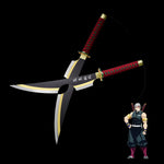 Les deux sabres croisés dans une mise en scène de combat, avec figurine miniature – ambiance ultra fan.