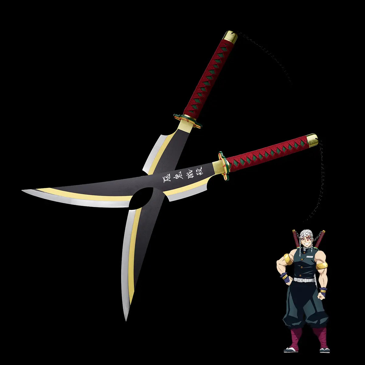 Les deux sabres croisés dans une mise en scène de combat, avec figurine miniature – ambiance ultra fan.