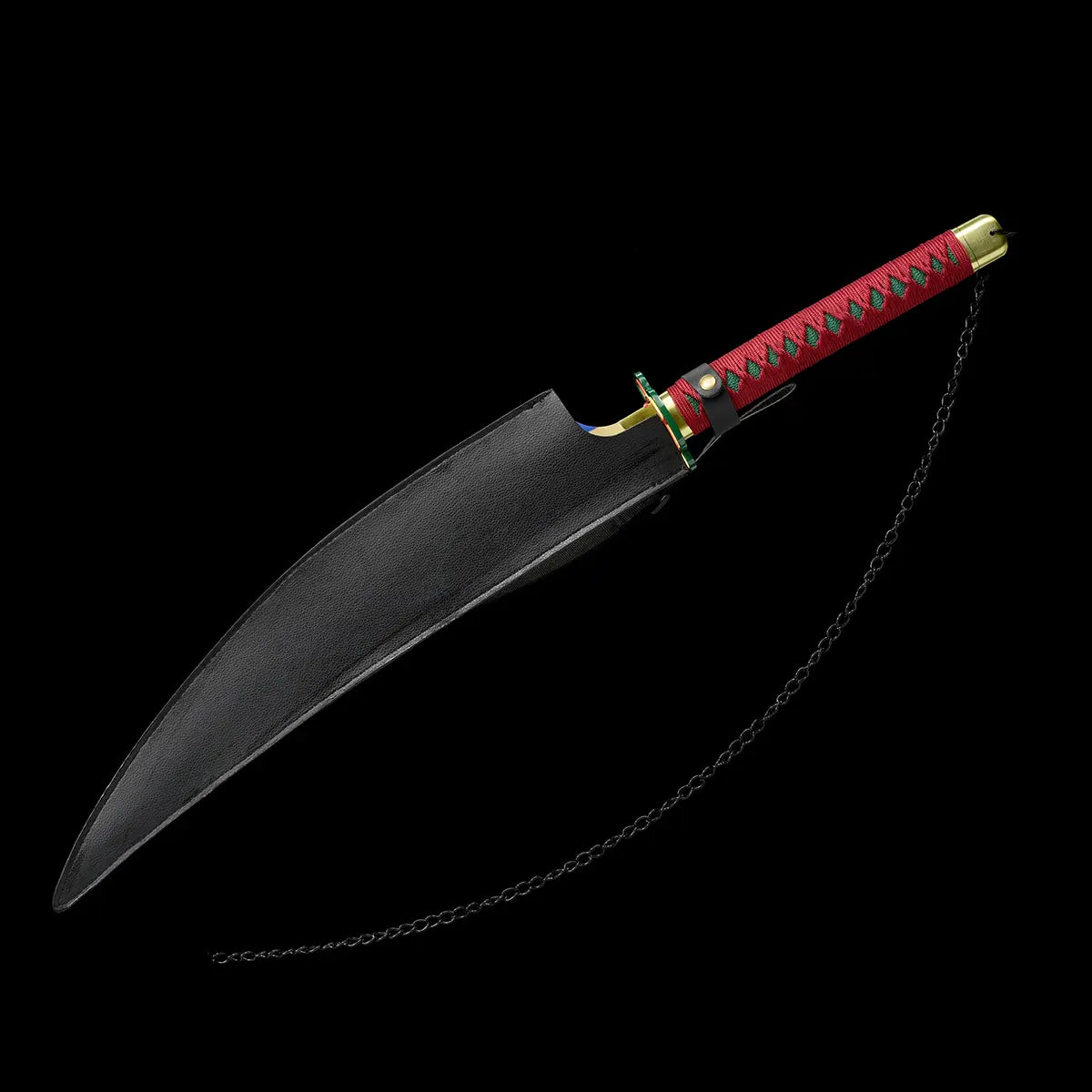 Vue latérale du katana Tengen Uzui dans son fourreau noir rigide, poignée rouge tressée avec garde dorée – ambiance sobre et immersive sur fond no