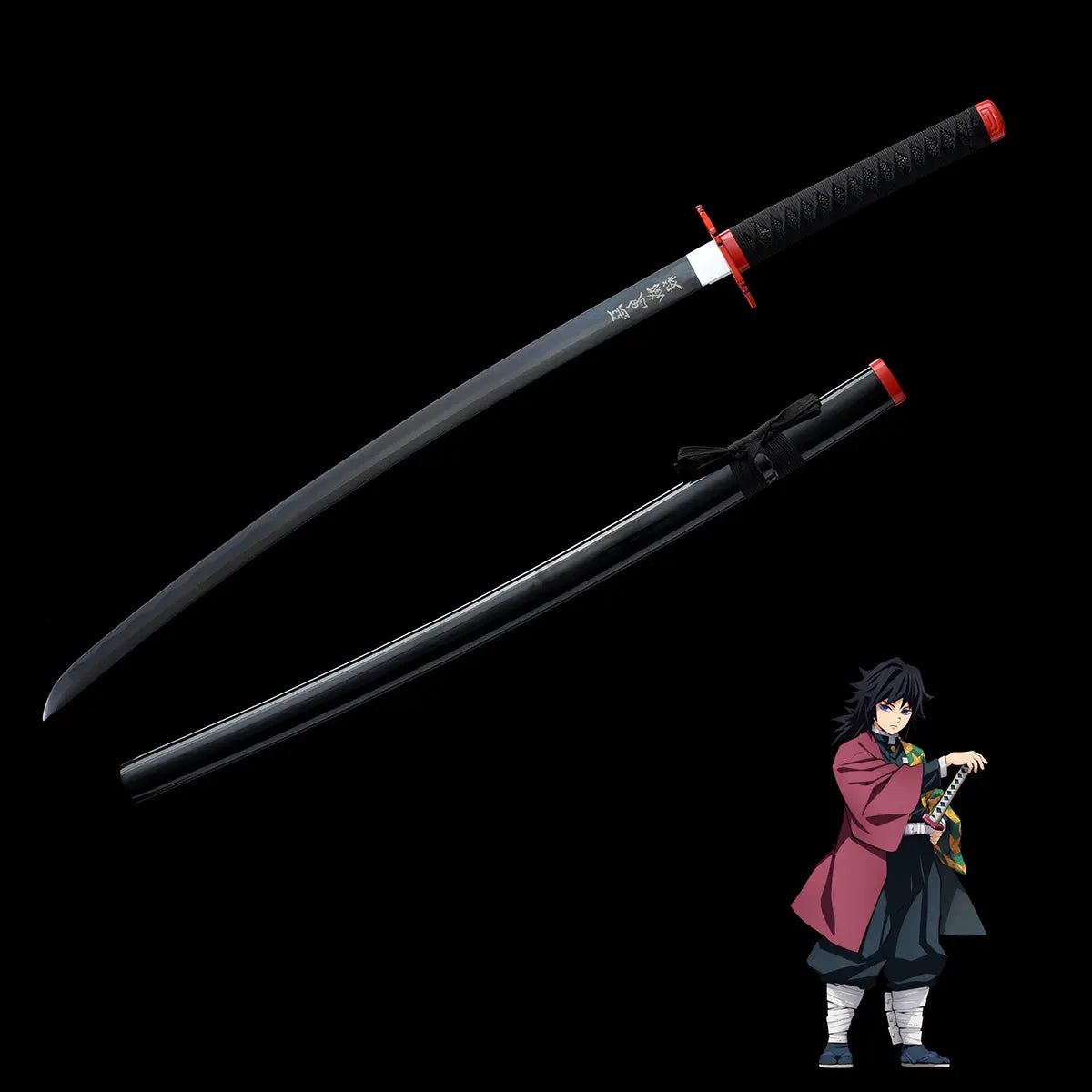 Sabre complet Tomioka Giyuu Nichirin Sombre inspiré de Demon Slayer, lame en acier carbone 1045, réplique haut de gamme.