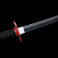 Vue de la lame sombre du katana Tomioka Giyuu, finition haut de gamme en acier carbone 1045, sabre Demon Slayer réplique fidèle.