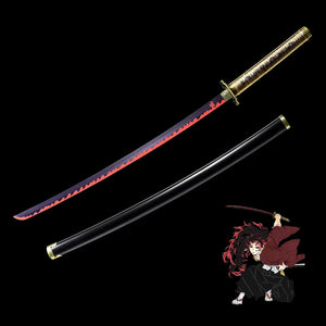 Katana Tsugikuni Yoriichi “Lame Pourpre” présenté avec son personnage de Demon Slayer, réplique fidèle cosplay.