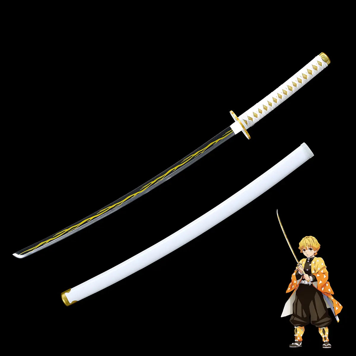 Katana Zenitsu lame dégainée avec éclairs jaunes – sabre Demon Slayer exposé avec fourreau blanc