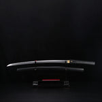 Katana shirasaya noir KUROTAKE avec la lame sortie du fourreau, présenté horizontalement sur un support sombre, fond noir uniforme, lame en acier poli visible avec courbure marquée, fourreau et poignée en bois dur laqué noir imitation bambou, habaki en laiton apparent, ensemble sans tsuba.
