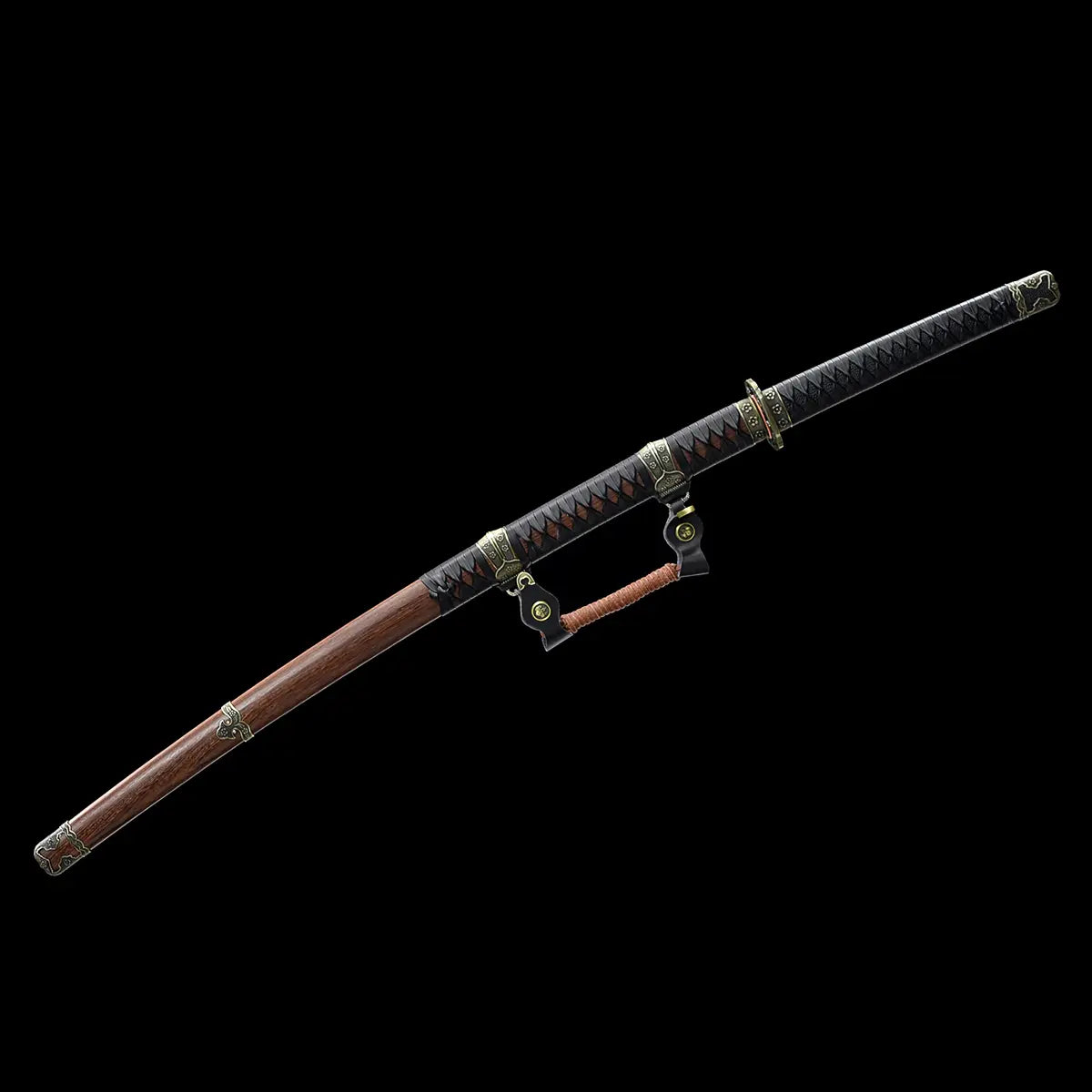 Japanese katana Meiyo displayed on a solid black background, shown fully mounted with its wooden saya in dark brown rosewood finish. The scabbard features a traditional kurikata with a black sageo cord attached, visible along the saya. The tsuka is wrapped in black ito over black rayskin, with antique-style metal fittings and a circular tsuba. The sword is photographed sheathed, slightly angled, without any support stand, highlighting the full koshirae and the contrast between the dark handle, natural wood 