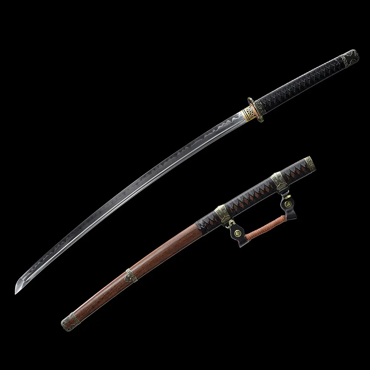 Japanese katana Meiyo displayed on a deep black background, shown both unsheathed and alongside its wooden saya. The curved blade in T10 steel is fully visible, featuring a real wavy hamon created by clay tempering, with a sharp kissaki tip and clean shinogi line. The saya is made of dark brown rosewood and fitted with a kurikata and black sageo cord. The tsuka is wrapped in black ito over black rayskin, with antique-style metal fittings and a round tsuba. The sword is presented without a stand, slightly an