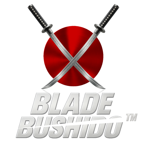 Logo officiel Blade Bushido™ avec deux katanas croisés, cercle rouge en fond et typographie métallique stylisée.
