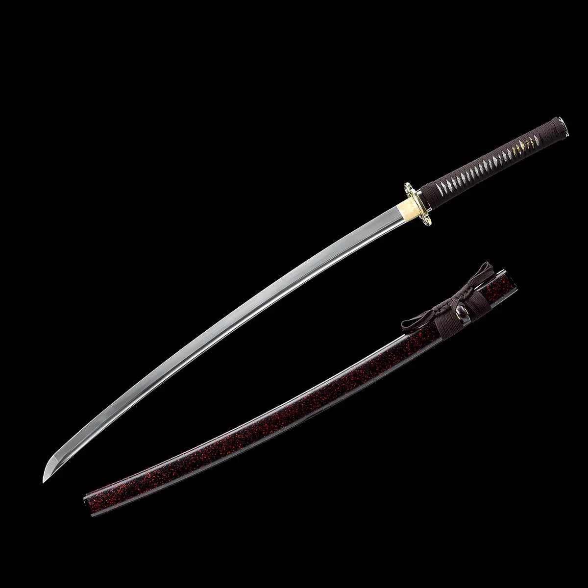 Ryusei Japanese katana photographed diagonally with the blade and scabbard separated, set against a solid black background. The polished steel blade is fully visible, showing a curved profile with a defined kissaki and clean edge. Below it, the saya is displayed alone, featuring a dark brown lacquered finish with red and black grain texture. The handle is wrapped in dark brown cord over white ray skin panels, paired with a gold-colored dragon tsuba and matching habaki, clearly presenting each component of t
