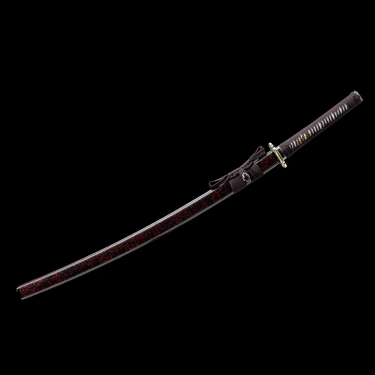 Sheathed Ryusei Japanese katana photographed diagonally against a solid black background. The sword is fully assembled with its scabbard, featuring a dark brown lacquered saya with fine red and black grain texture. The handle is wrapped in dark brown cord over white ray skin panels, with a visible gold-colored dragon tsuba near the guard. The sageo is tied neatly around the saya, emphasizing the clean lines, curvature, and traditional mounting of this Japanese katana.
