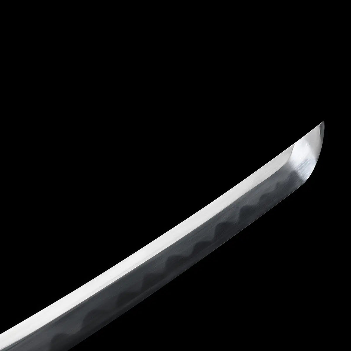 Close-up detail of the Japanese tachi katana Taiyo Taisho photographed on a deep black background, showing the curved steel blade with a clearly visible natural hamon pattern running along the edge, polished surface with soft reflections, defined shinogi line, and traditional Japanese blade geometry, studio lighting highlighting the contrast between the hardened cutting edge and the darker spine
