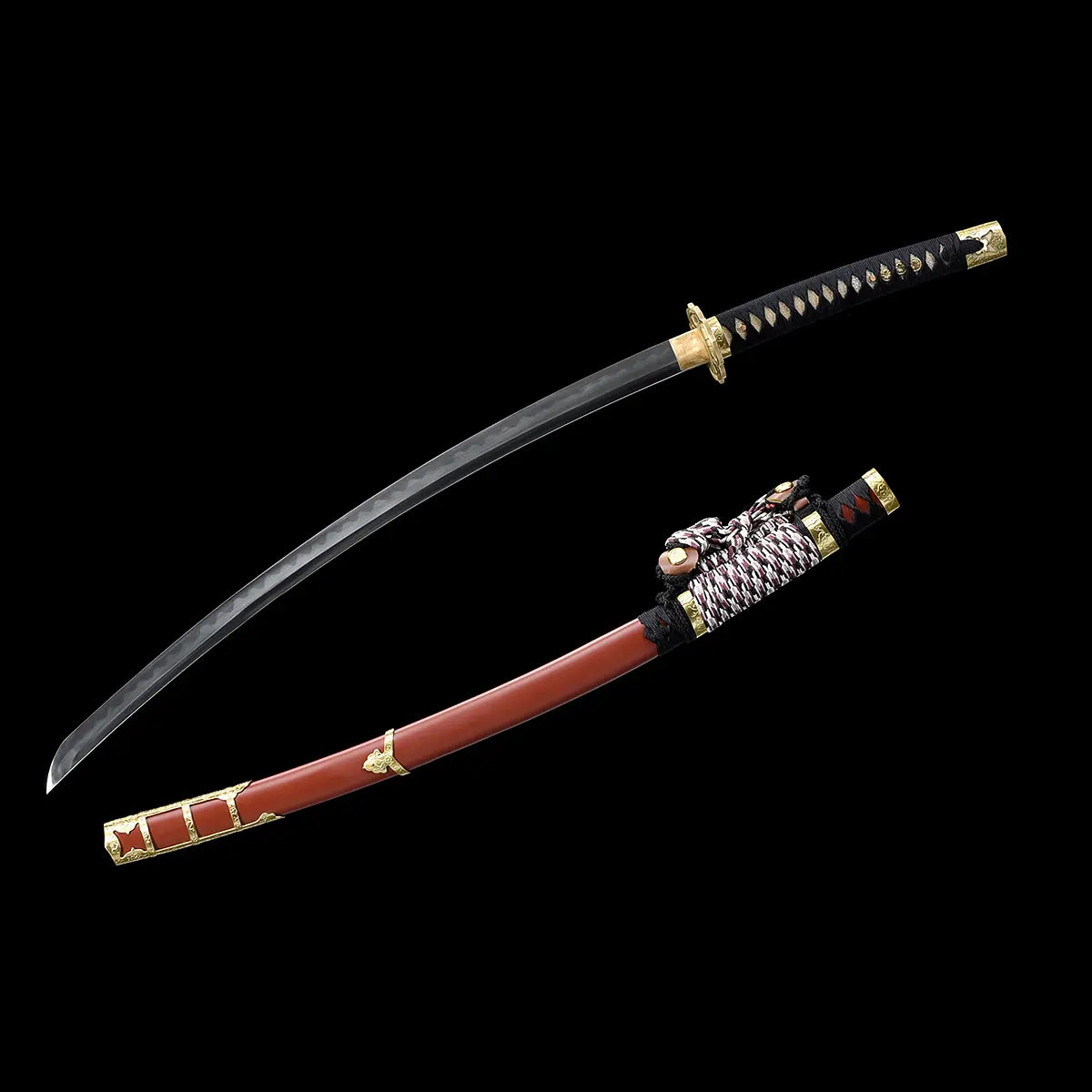 Japanese tachi katana Taiyo Taisho displayed on a deep black background with the blade unsheathed, curved steel blade showing a visible natural hamon line, paired with a dark red lacquered wooden scabbard placed below, black tsuka wrapped in black ito with white ray skin panels, gold-colored habaki and tsuba clearly visible, studio lighting emphasizing the blade curvature and traditional Japanese fittings
