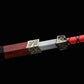 Épée chinoise Jian TIAN LONG partiellement sortie de son fourreau en bois de rose, avec lame droite en acier, garde métallique décorée, garniture de fourreau gravée, poignée rouge à cordage noir et prise de vue rapprochée sur fond noir.