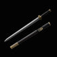 Épée chinoise Jian ZHEN ZHAI sortie de son fourreau noir en ébène, avec lame droite à pointe centrale, poignée noire, garde bronze ancien gravée et garnitures décoratives sur fond noir.