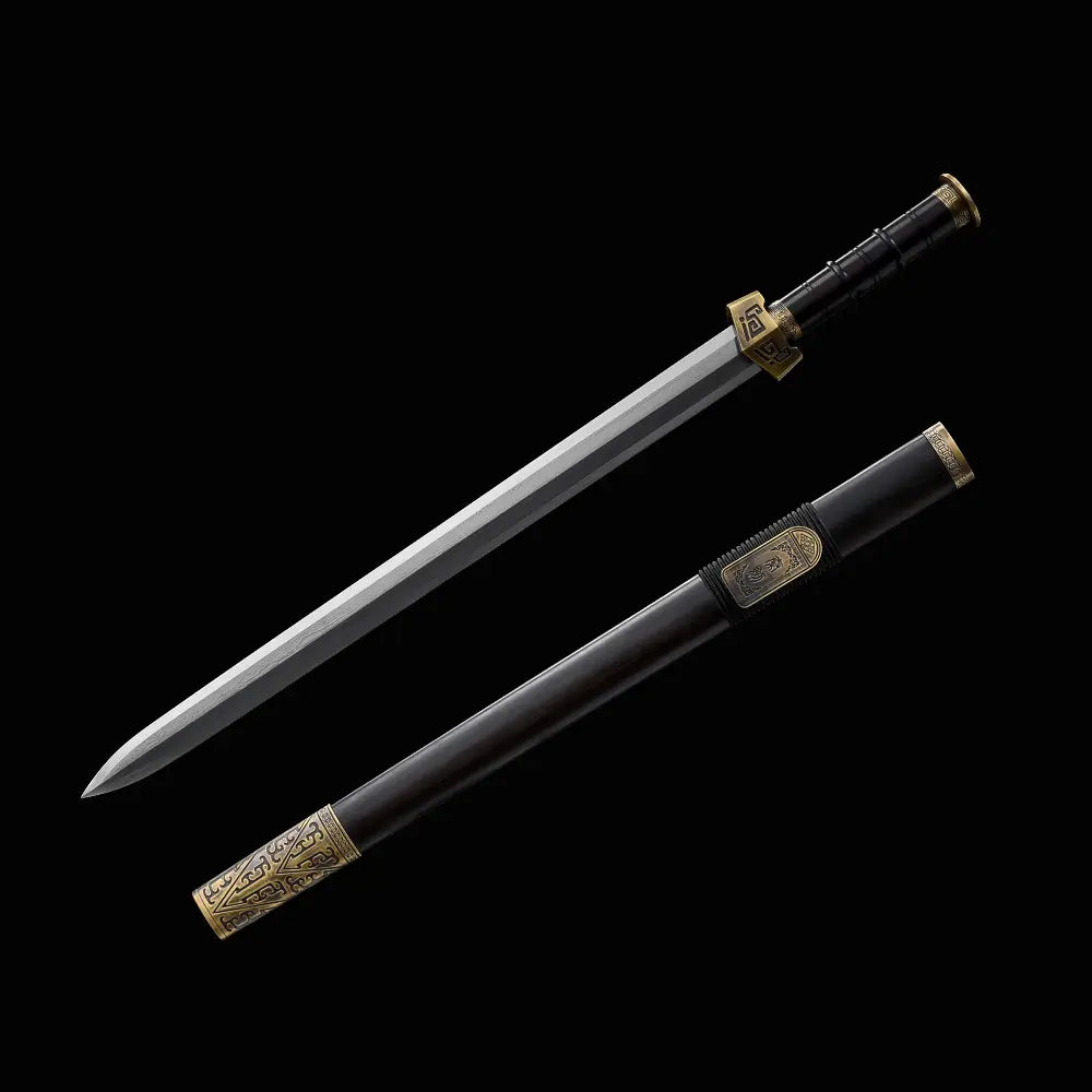 Épée chinoise Jian ZHEN ZHAI sortie de son fourreau noir en ébène, avec lame droite à pointe centrale, poignée noire, garde bronze ancien gravée et garnitures décoratives sur fond noir.